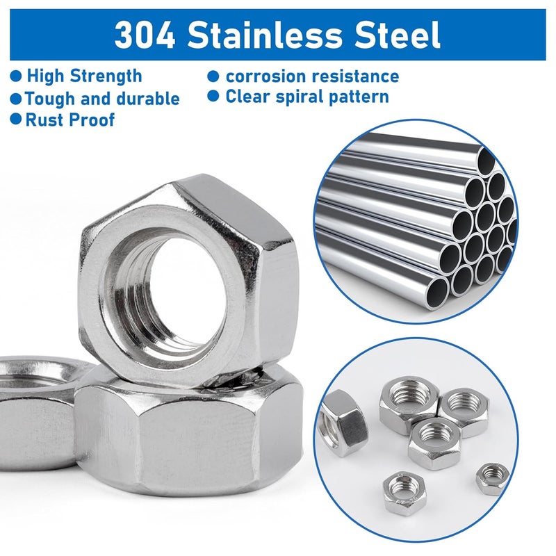 Vmuter Hex Nuts, 200 Pack M5 304 (A2-70) Stainless Steel Hardware Nuts,Standard Inch Coarse Thread Nuts - Image 4